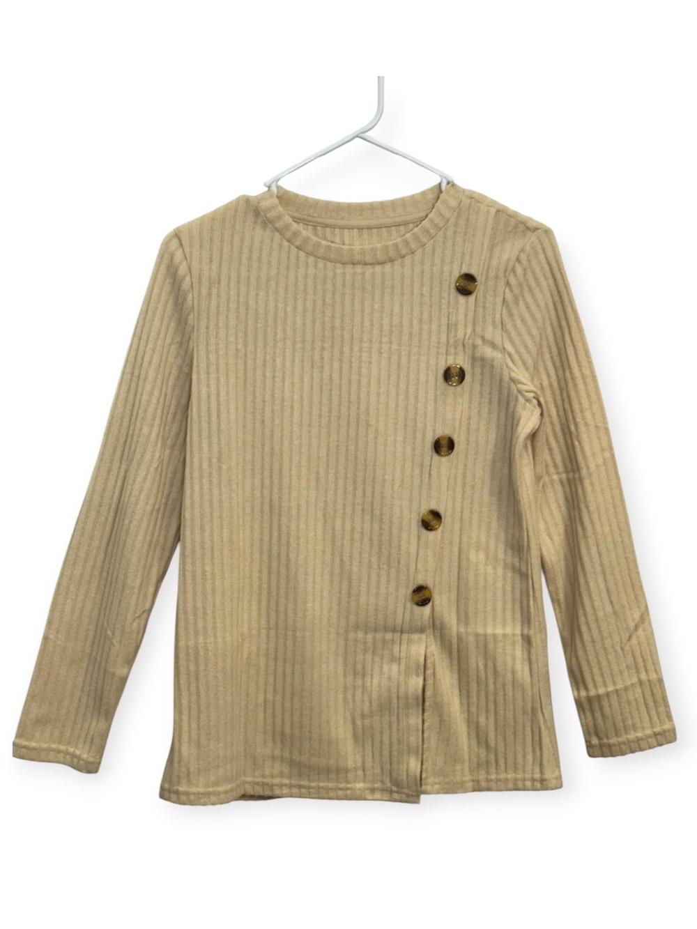Women's Ribbed Crewneck Top with Side Button Detail - Beige